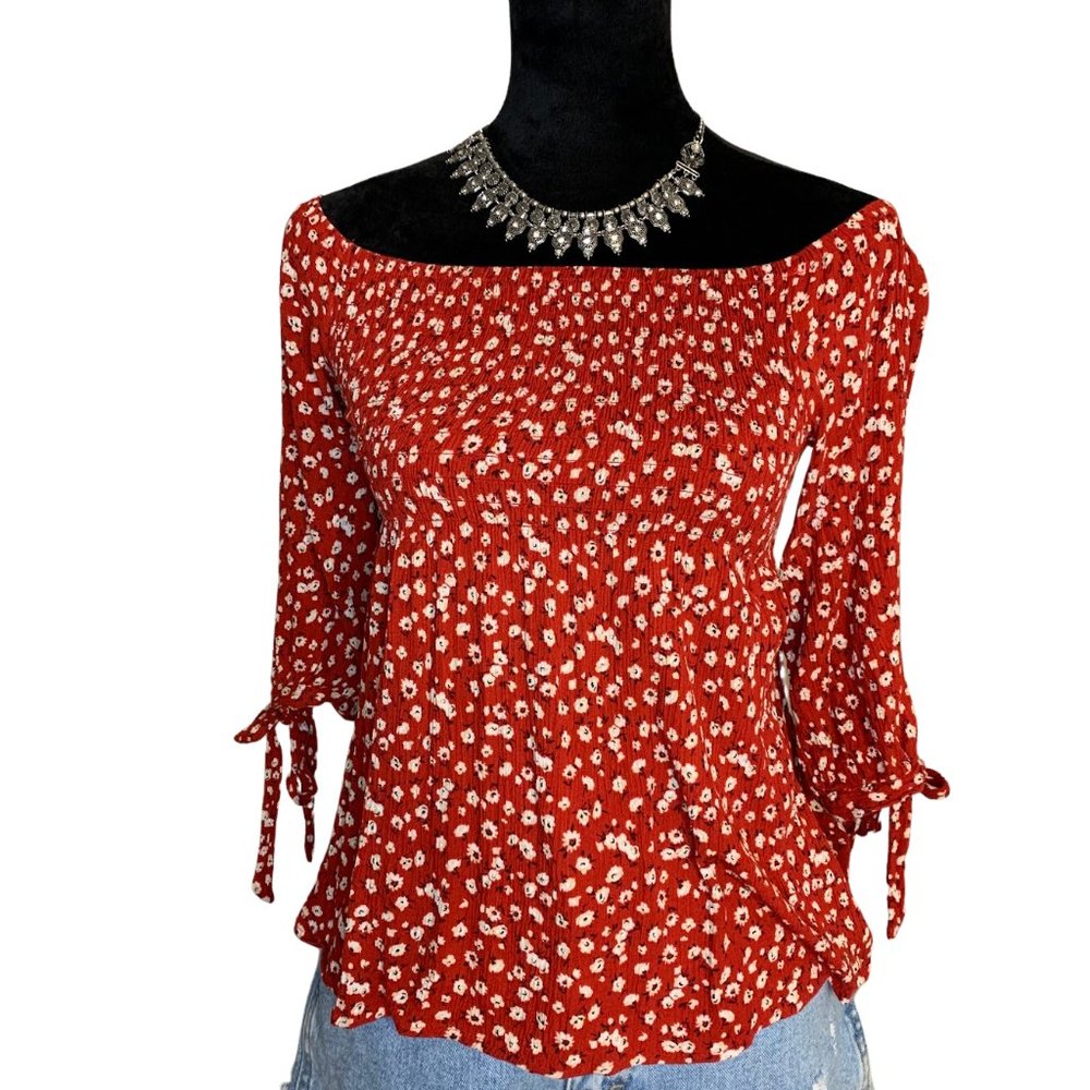 One ❤ Clothing Los Angeles Red Floral Off the Shoulder Top - Size Medium